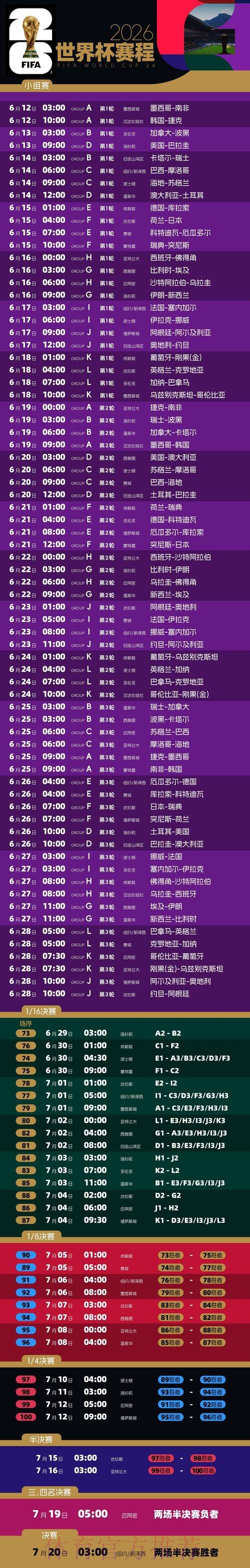 2026世界杯比赛时间一览最新时间表实时查看