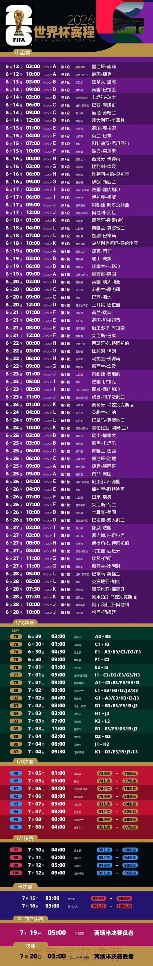 2026世界杯比赛时间完整版完整安排在哪里看